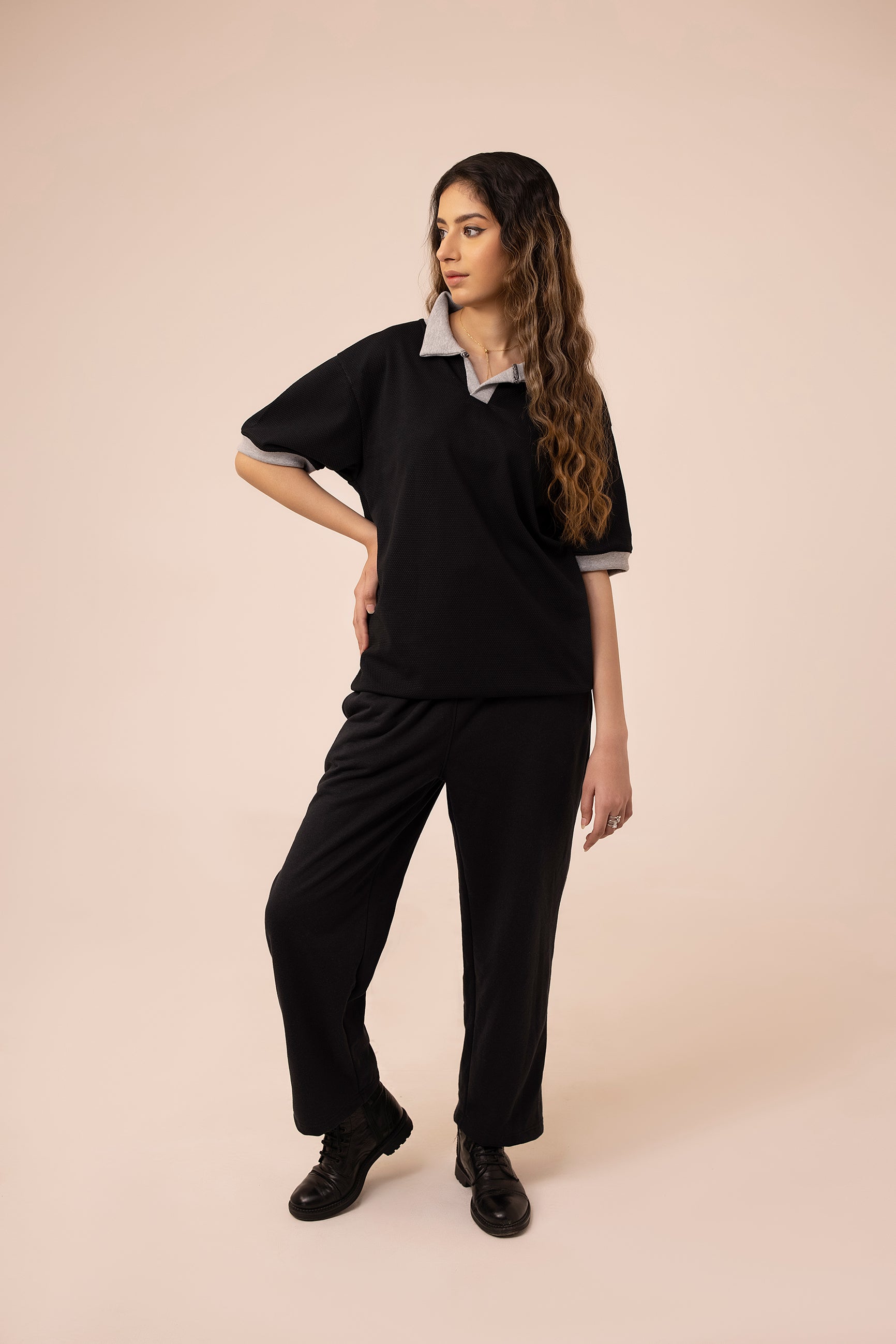 Black Polo With Contrast Ribbed Collar