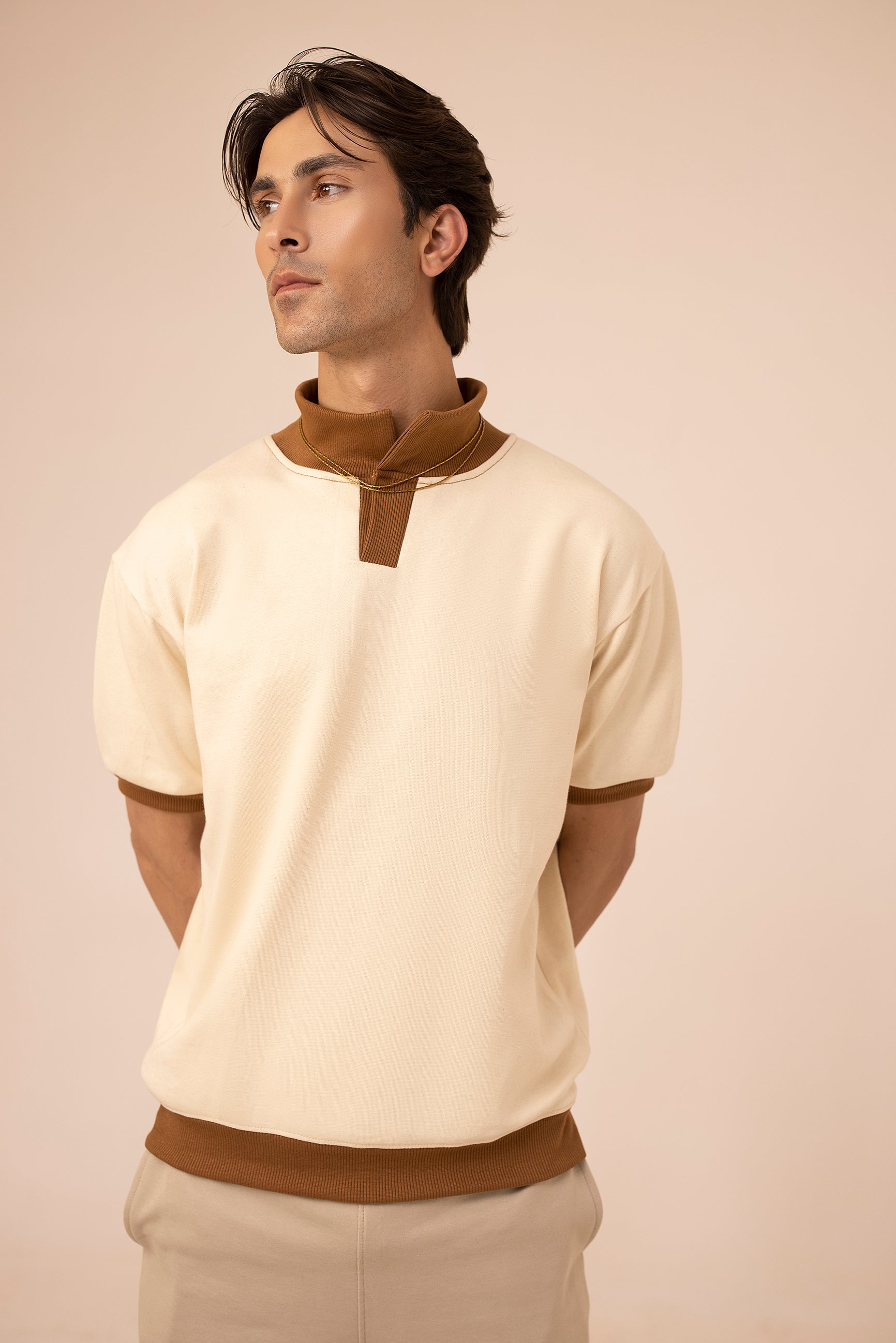 Beige Polo With Camel Ribbed Collar