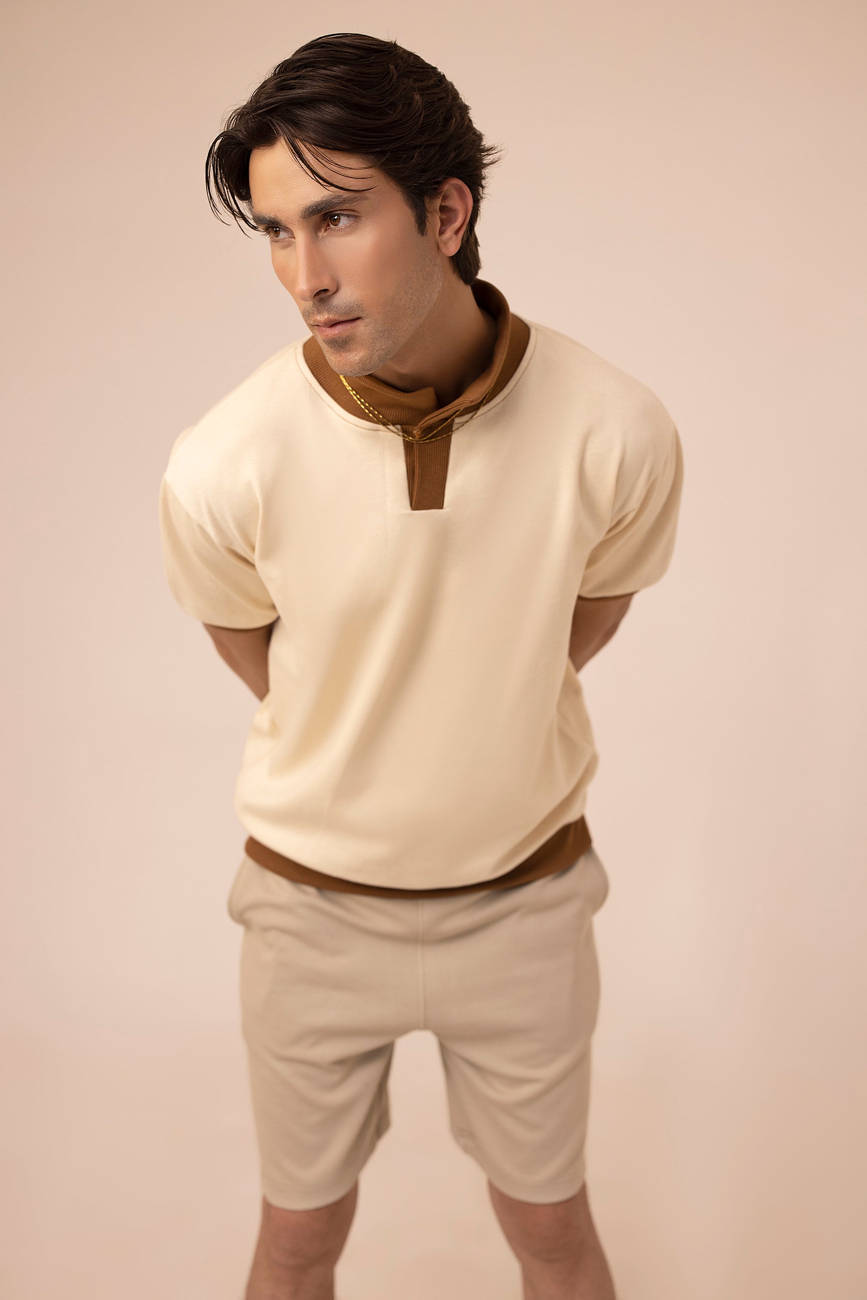 Beige Polo With Camel Ribbed Collar