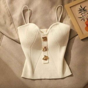 Crop Top Chic à Bretelles Fines avec Boutons Dorés